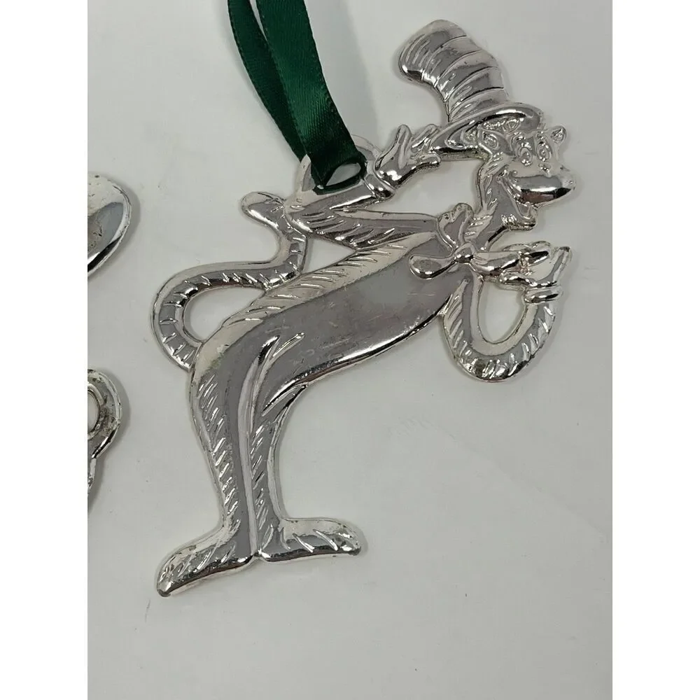 Cat In The Hat Dr Seuss Christmas Ornaments Silver Plated Burger King Lot Of 2
